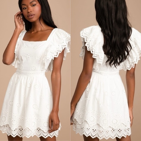 Lulus Dresses & Skirts - Lulus Absolutely Beautiful White Eyelet Lace Ruffled Skater Mini Dress